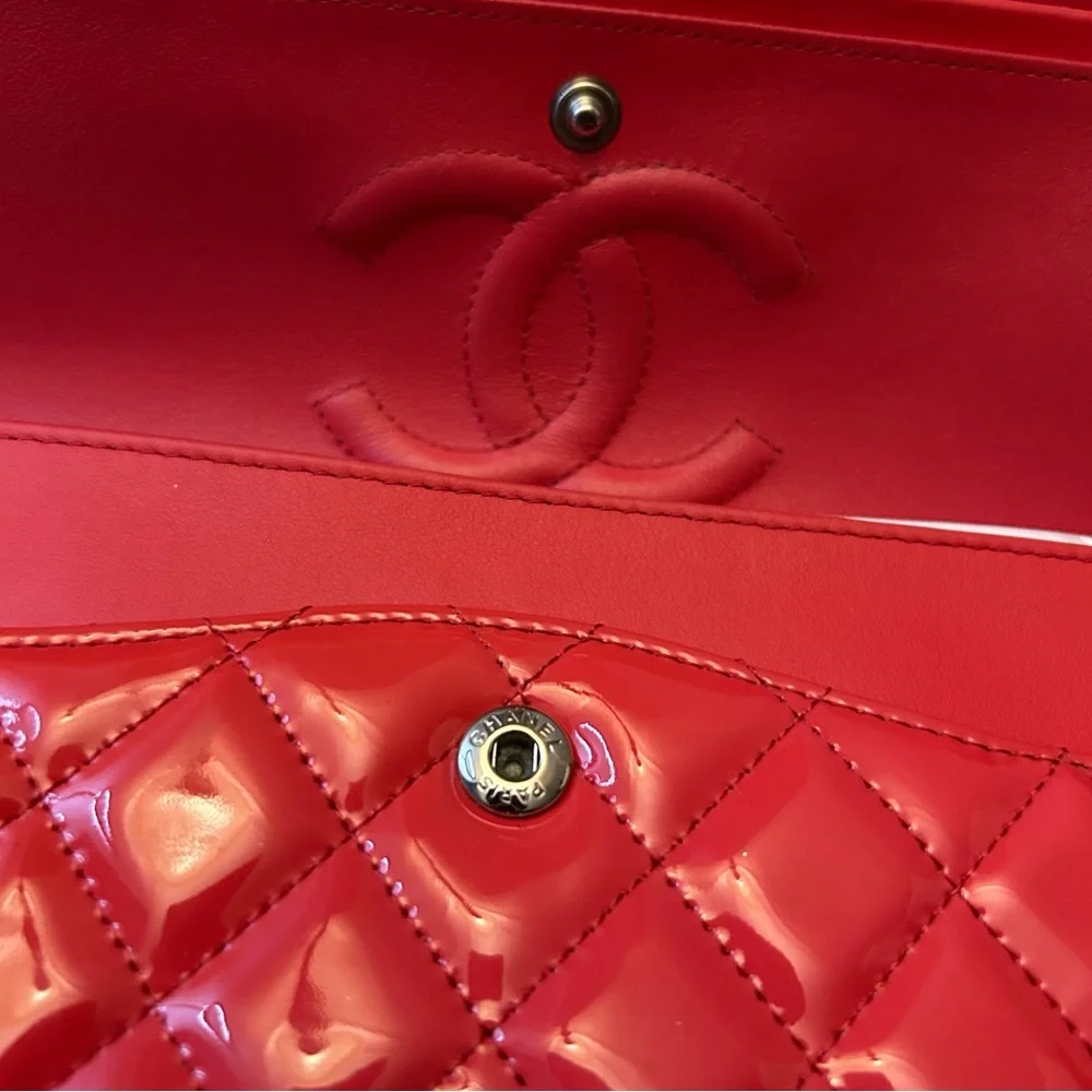 Authentic Chanel Red Patent Leather Medium Classic Double Flap Bag with card